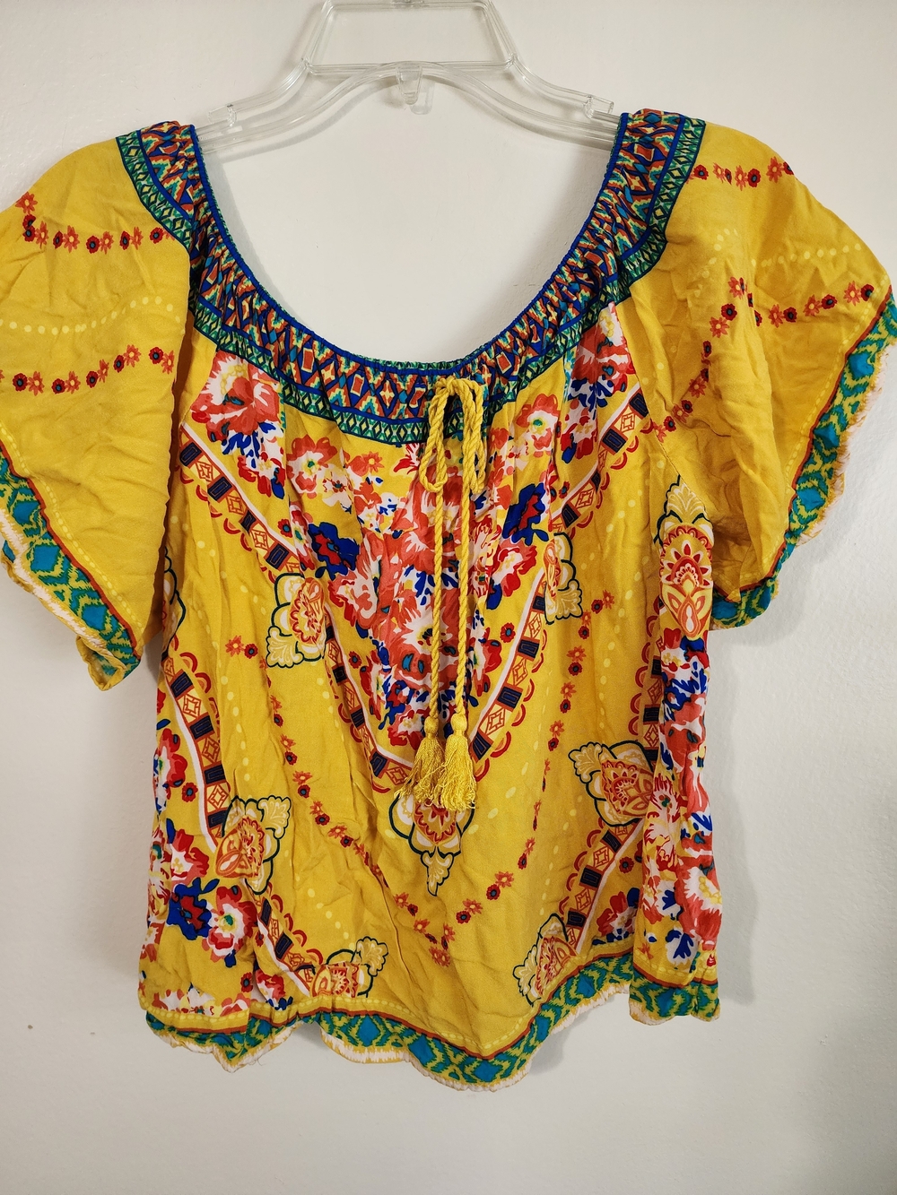 Flying Tomato Yellow Floral Peasant Blouse with Tassel Tie